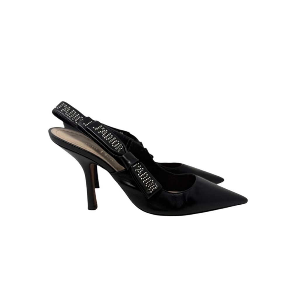 Dior J’Adior Studded Logo Ribbon Black Leather Slingback Pumps Size 37.5